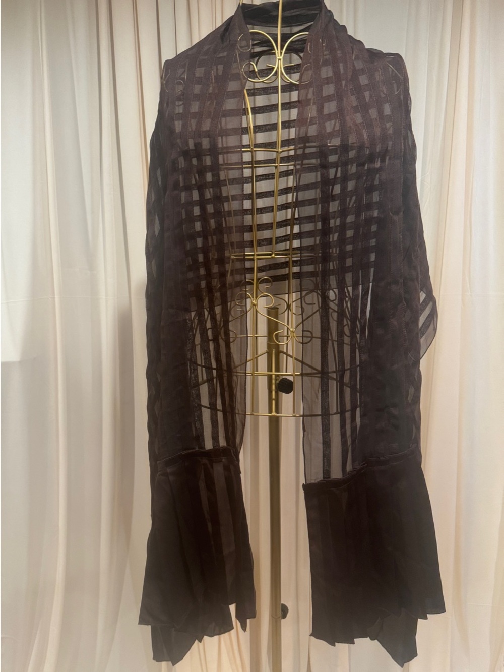Echo Chocolate Brown Sheer Striped Ruffle Shawl - Made in India